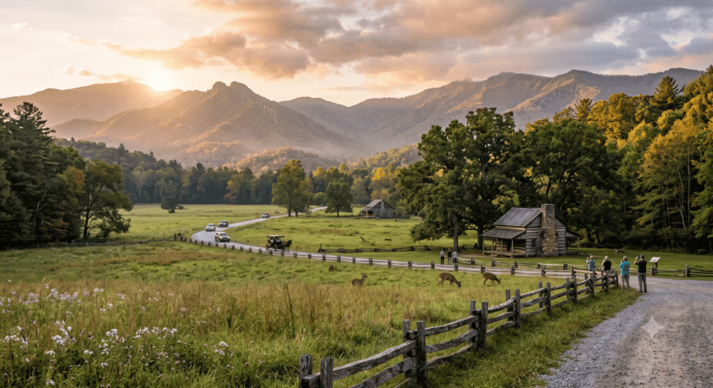 Cades Cove meadow and mountains near Townsend, Tennessee