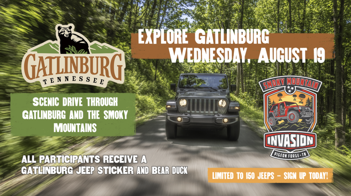 Customized Jeeps lined up for the Gatlinburg Jeep Invasion Kick-Off Ride