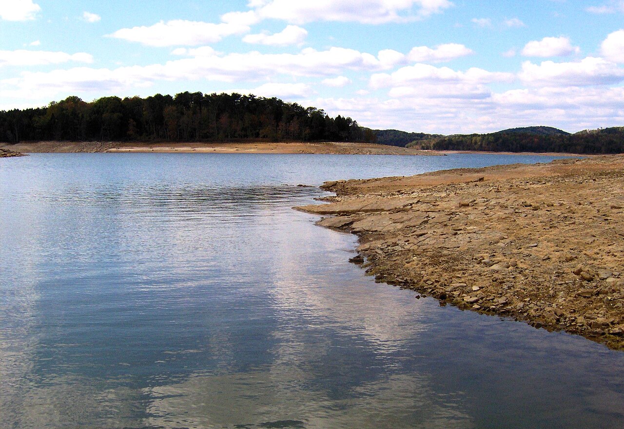 Calm water and wooded shoreline on Norris Lake in Union County, Tennessee