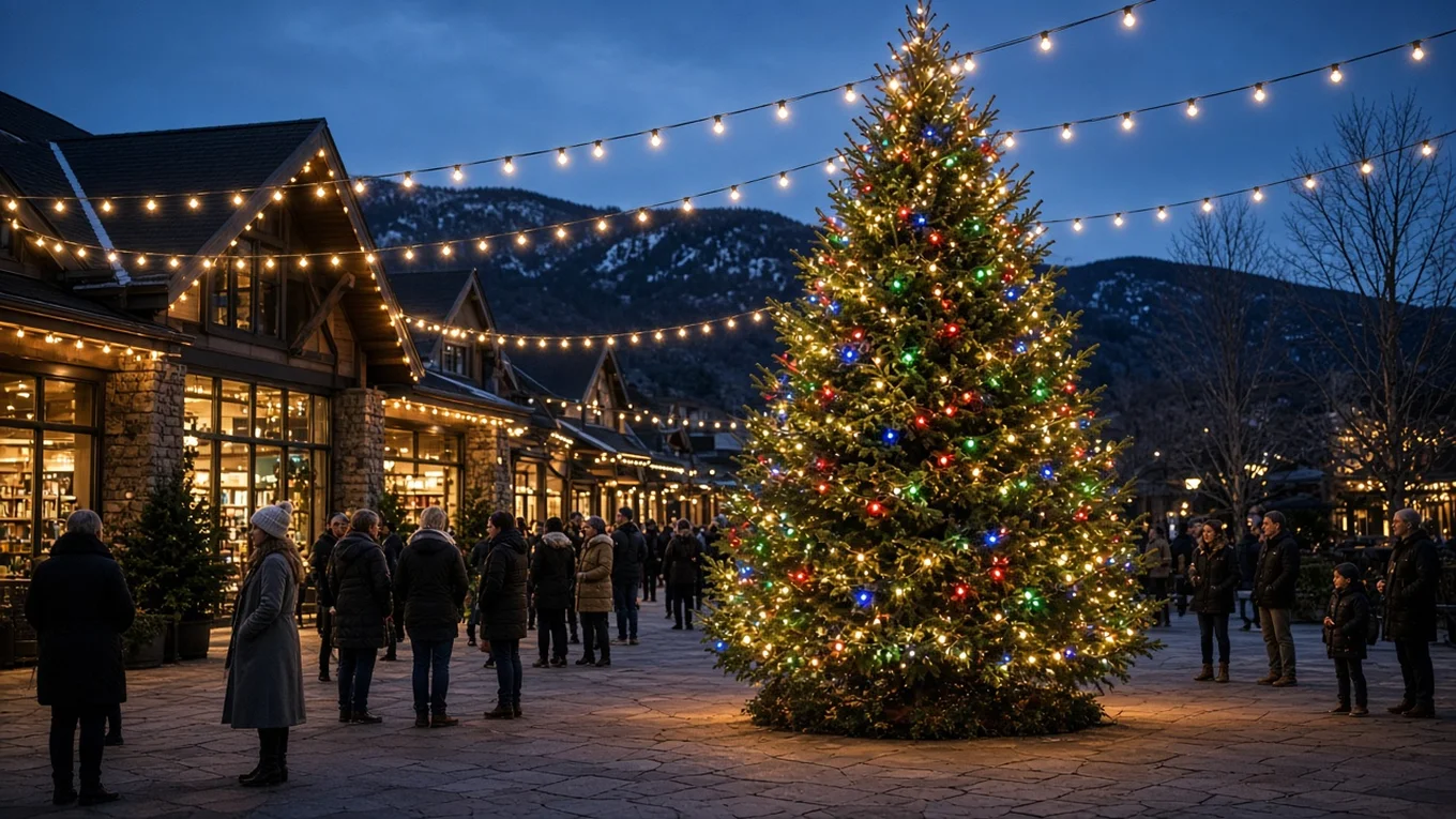 Illustration of a holiday tree lighting with shoppers